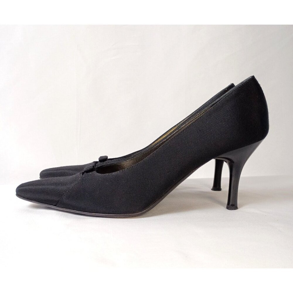Vintage Ferragamo Black Grosgrain Ribbon Fabric Pumps Women 9.5 AA Bow Heels